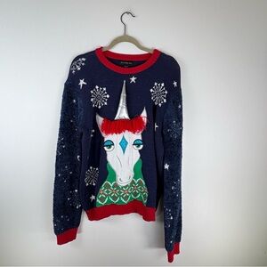 Blizzard Bay Mens Medium Ugly Christmas Sweater Unicorn Long Sleeve Blue Cozy